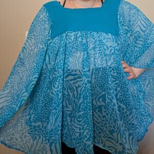 Erica Brooke Sheer Blue Batwing Blouse‎ Plus 24